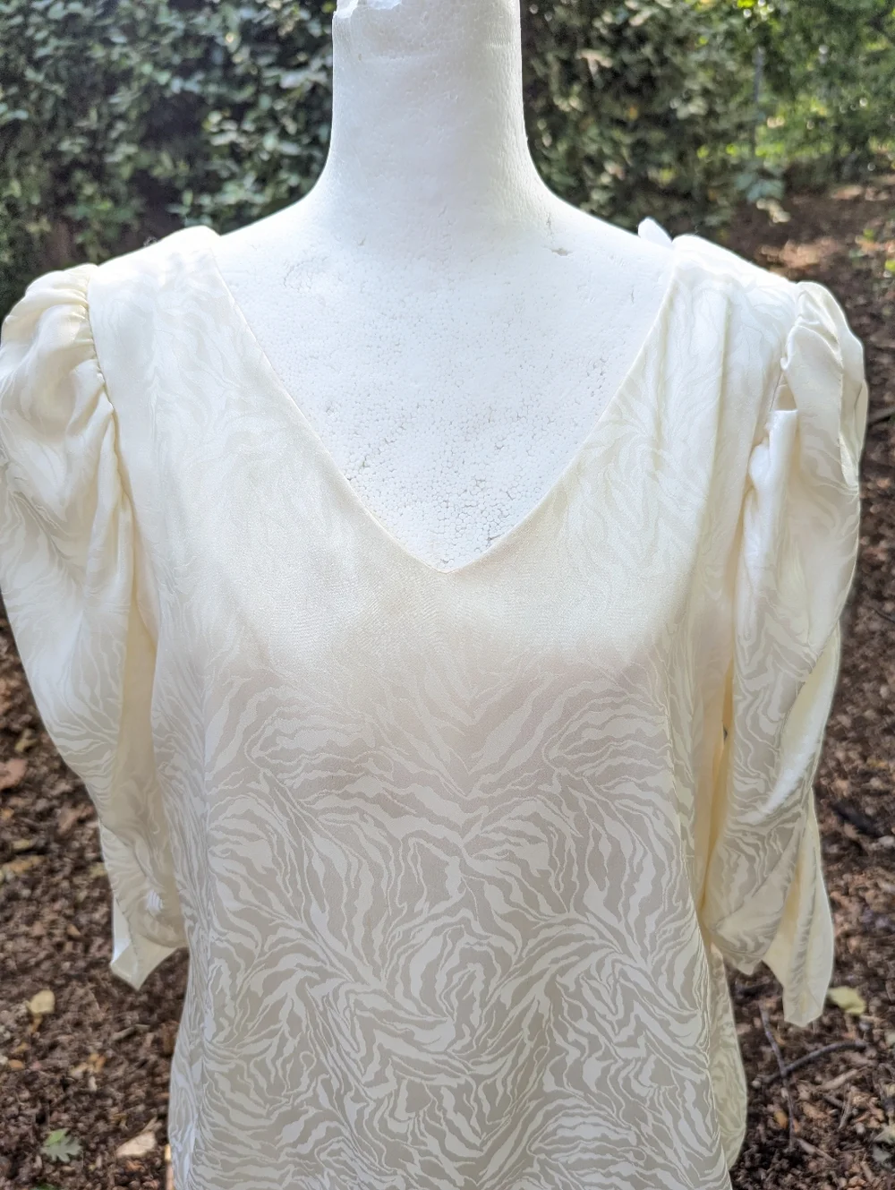 Vtg 80s Whimsigoth Bridal Shower Dress White Satin Jacquard Handkerchief Hem 12 - Picture 13 of 14